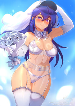 Rule 34 | 1girl, arm above head, armpits, bare shoulders, blue gem, blue hair, blush, bouquet, bow, bowtie, bra, breasts, bridal lingerie, bridal veil, closed mouth, cloud, cloudy sky, covered navel, cowboy shot, day, dress, elbow gloves, flower, frilled sleeves, frilled thighhighs, frills, garter belt, gem, gloves, hair between eyes, highres, holding, holding bouquet, large breasts, large variant set, light smile, linea alba, lingerie, long hair, looking at viewer, original, outdoors, paid reward available, panties, purple eyes, ribbon, rose, see-through clothes, see-through veil, shiny clothes, shiny skin, sidelocks, signature, sky, solo, standing, thighhighs, thighs, underwear, variant set, veil, vilde loh hocen, watermark, web address, wedding dress, white bow, white bra, white dress, white flower, white garter belt, white gloves, white panties, white ribbon, white rose, white thighhighs