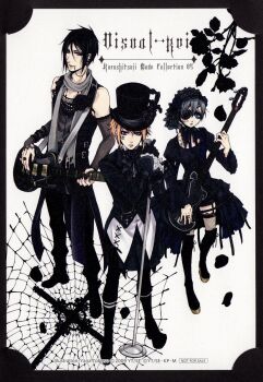 00s 3boys androgynous black_hair blonde_hair blue_eyes boots ciel_phantomhive crossdressing crossdressing_(mtf) drocell_cains drocell_cainz ear_piercing electric_guitar gothic_lolita guitar hat highres instrument kuroshitsuji lolita_fashion male_focus microphone multiple_boys official_art piercing puppet red_eyes scan sebastian_michaelis thighhighs toboso_yana top_hat trap visual_kei yana_toboso