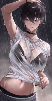 1girl absurdres black_bra black_choker black_hair black_nails bra bra_visible_through_clothes bracelet breasts brown_eyes brown_hair choker collarbone commentary_request cross cross_earrings earrings highres jewelry looking_at_viewer midriff navel original parted_lips rain shirt short_hair tomboy ulularts underwear wet wet_clothes wet_shirt