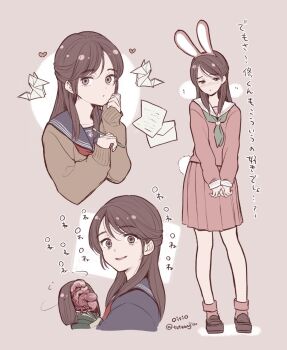 1girl animal_ears artist_name black_hair black_serafuku brown_eyes cosplay fake_animal_ears green_neckerchief highres long_hair multiple_views neckerchief nishida_rinko oisiso origami pencil pink_serafuku pink_skirt pink_socks pleated_skirt rabbit_ears school_uniform serafuku shimizu_hinako shimizu_hinako_(cosplay) shimizu_hinako_(pink_rabbit_costume) signature silent_hill_(series) silent_hill_f skirt socks