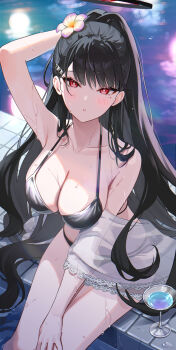 1girl :o absurdres alternate_costume alternate_hairstyle arm_up armpit_crease armpits bare_legs bikini black_bikini black_hair blue_archive blush breasts bright_pupils cleavage cocktail cocktail_glass collarbone commentary cup drinking_glass flower hair_flower hair_ornament halo halterneck highres large_breasts long_hair looking_at_viewer momomoi_momoi pool poolside red_eyes revision ringed_eyes rio_(blue_archive) see-through_clothes see-through_shawl shawl sitting soaking_feet solo string_bikini swimsuit very_long_hair white_pupils
