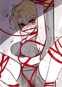 1girl armpits arms_up bdsm blonde_hair blush bondage bound breasts don_quixote_(project_moon) frown full-face_blush gagged highres large_breasts leash looking_at_viewer pmchell_04 pussy_juice_stain red_eyes red_rope rope sancho_(project_moon) shibari short_hair slit_pupils solo spread_legs squatting sweat tears trembling underwear underwear_only unfinished wavy_hair