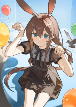 1girl absurdres amiya_(arknights) animal animal_ears arknights arm_up balloon bird black_dress blue_eyes blush brown_hair chinese_commentary closed_mouth commentary_request dress hair_between_eyes hand_up highres long_hair long_sidelocks looking_at_viewer nagisa_(cxcx5235) partial_commentary paw_pose short_sleeves sidelocks sitting solo very_long_hair