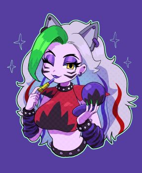 1girl animal_ear_piercing animal_ears bracelet breasts collar commentary_request crop_top earrings extra_ears eyeshadow five_nights_at_freddy's five_nights_at_freddy's:_security_breach grey_hair highres humanization jewelry large_breasts lipstick long_hair looking_at_viewer makeup midriff minami_(mnm-kyk) multicolored_hair multiple_earrings purple_background roxanne_wolf solo spikes streaked_hair upper_body wolf_ears wolf_girl yellow_eyes