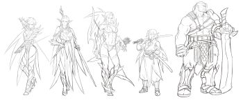 absurdres armor arrow bow dorimoge5 elf highres monochrome orc pointy_ears sword weapon