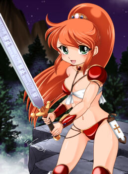 1girl armor bikini bikini_armor bracer breasts caron_(rall) commentary_request commission cream_lemon gluteal_fold green_eyes idaleekone long_hair navel open_mouth orange_hair outdoors ponytail red_bikini runes sf_choujigen_densetsu_rall shoulder_armor skeb_commission small_breasts smile solo swimsuit sword thighs weapon white_bikini