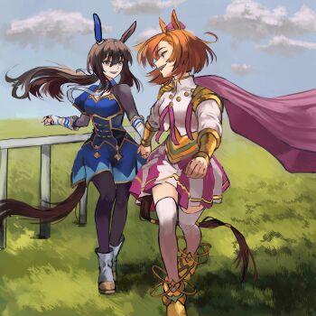 2girls absurdres admire_vega_(starry_nocturne)_(umamusume) admire_vega_(umamusume) animal_ears boots brown_eyes brown_hair cape commentary cropped_jacket crown day dress english_commentary fingerless_gloves full_body ginkgo_doodles gloves grass highres holding_hands horse_ears horse_girl horse_tail long_hair looking_at_another looking_back mini_crown multiple_girls necktie open_mouth orange_hair outdoors pantyhose pleated_skirt ponytail short_hair skirt sky smile t.m._opera_o_(o_sole_suo!)_(umamusume) t.m._opera_o_(umamusume) tail thighhighs umamusume very_long_hair walking
