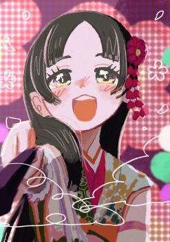 Rule 34 | 1girl, blush, brown hair, flower, gakuen idolmaster, hair flower, hair ornament, hair over shoulder, hand fan, highres, holding, holding fan, idolmaster, japanese clothes, kimono, konparu (konparunemunemu), kuramoto china, long hair, looking at viewer, open mouth, parted bangs, pointing, pointing at viewer, portrait, sleeveless, sleeveless kimono, smile, solo, teeth, upper teeth only, yukidoke ni (idolmaster)