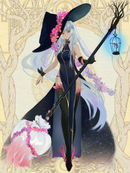 Rule 34 | 1girl, black boots, black dress, black gloves, boots, breasts, dairoku ryouhei, dress, flower, full body, gloves, hat, hat flower, holding, holding staff, kaju ai, long hair, maojiumeng, purple eyes, single glove, solo, staff, thigh boots, white hair, witch hat, yellow background