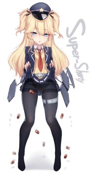 1girl ballistic_shield belt belt_over_clothes black_panties black_pantyhose black_ribbon blazer blonde_hair blue_eyes blue_hat blue_jacket blue_skirt character_name clothes_lift collared_shirt commentary dev_(dev0614) female_focus full_body girls&#039;_frontline gluteal_fold hair_between_eyes hair_ribbon hands_up hat hexagon hidden_signature highres jacket legs_apart long_hair looking_at_viewer lowleg lowleg_panties making-of_available motion_blur necktie no_shoes panties panties_under_pantyhose pantyhose parted_lips pleated_skirt police_hat red_necktie ribbon shell_casing shield shield_module shirt shotgun_shell signature skirt skirt_lift solo standing super-shorty_(girls&#039;_frontline) sweater sweater_vest thigh_strap thighband_pantyhose tsurime two_side_up underwear white_shirt yellow_sweater