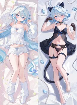 1girl absurdres animal_ears babydoll bed_sheet black_babydoll black_choker black_gloves black_panties bloomers blue_eyes blue_hair breasts camisole cat_ears cat_tail choker comiket_107 commentary_request dakimakura_(medium) drop-shaped_pupils eyelash_ornament furina_(genshin_impact) genshin_impact gloves highres jacket jewelry leg_warmers long_hair multiple_views navel panties riku_(rrr_gns) short_hair small_breasts stomach symbol-shaped_pupils tail underwear wavy_hair white_bloomers white_camisole white_hair white_jacket white_leg_warmers