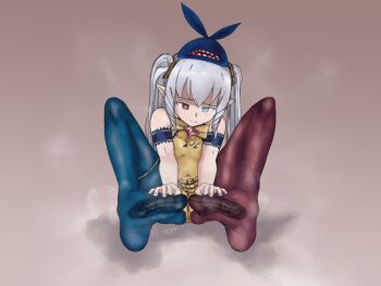 1girl blue_eyes blue_pantyhose blush brown_dust brown_dust_(series) cameltoe feet foot_focus grey_hair heterochromia leotard long_hair looking_at_viewer pantyhose pointy_ears red_eyes red_pantyhose refithea_(brown_dust) soles steam toes twintails vchii_usagi