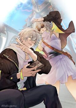 1boy 1girl absurdres architecture arm_up armpits artist_name belt black-framed_eyewear black_belt black_jacket black_pants bloom blue_sky bracelet breasts brown_bag caelus_(honkai:_star_rail) caelus_(world_tour_2023)_(honkai:_star_rail) cellphone commentary cowboy_shot day dress dual_persona english_commentary fingernails grey_hair hair_between_eyes hair_ornament hairclip hakuzumu hands_up highres holding holding_phone honkai:_star_rail honkai_(series) hood hoodie jacket jewelry lapels long_hair long_sleeves looking_at_viewer medium_breasts official_alternate_costume open_clothes open_jacket open_mouth outdoors pants phone puffy_long_sleeves puffy_sleeves short_hair sitting sky sleeveless sleeveless_dress smartphone sparkle standing stelle_(honkai:_star_rail) stelle_(world_tour_2023)_(honkai:_star_rail) sunglasses sunlight tongue tongue_out trailblazer_(honkai:_star_rail) turtleneck turtleneck_dress two-sided_fabric two-sided_jacket v white_dress white_hoodie x_hair_ornament yellow_belt yellow_eyes yellow_jacket