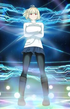 1girl absurdres ahoge arcueid_brunestud blonde_hair blue_skirt boots breasts brown_boots crossed_arms fate/grand_order fate_(series) floating_hair from_below guiltygeardz highres large_breasts looking_at_viewer pantyhose red_eyes short_hair skirt smile standing summoning sweater tsukihime tsukihime_(remake) turtleneck turtleneck_sweater