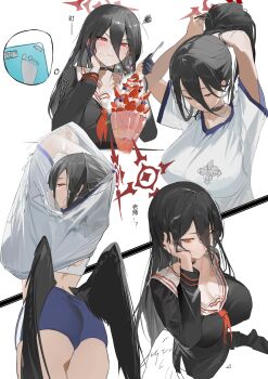 1girl absurdres arms_up ass black_choker black_gloves black_hair black_serafuku blue_archive blue_shorts bra breasts choker cleavage clothes_lift commentary dessert feathered_wings fish_(red_star_child) food fruit gloves gym_shirt gym_shorts gym_uniform hair_between_eyes half_gloves halo hasumi_(blue_archive) hasumi_(track)_(blue_archive) highres holding holding_spoon large_breasts long_hair low_wings mole mole_under_eye multiple_views neckerchief official_alternate_costume oversized_wings parfait ponytail red_eyes red_halo red_neckerchief school_uniform serafuku shirt shirt_lift short_sleeves shorts spoon strawberry strawberry_parfait translation_request tying_hair underwear weighing_scale whipped_cream white_background white_bra white_shirt wings