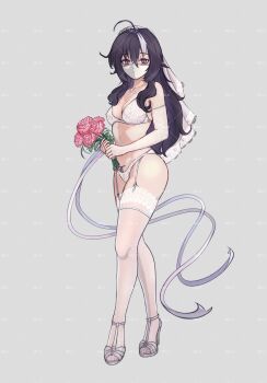 1girl ahoge black_hair bra breasts bridal_veil cleavage commentary commission elbow_gloves flower full_body garter_straps gloves high_heels highres holding holding_flower long_hair mask medium_breasts mg_g mouth_mask multicolored_hair original panties pink_flower pink_rose purple_eyes rose solo streaked_hair thighhighs two-tone_hair underwear veil watermark white_bra white_gloves white_hair white_mask white_panties white_thighhighs