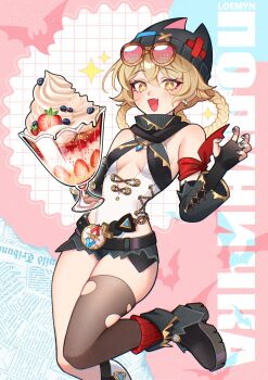Rule 34 | + +, 1girl, beanie, black nails, blonde hair, braid, braided hair rings, breasts, commentary, compass, cyrillic, earrings, eyewear on head, fang, fingerless gloves, food, genshin impact, gloves, hair rings, hat, highres, jahoda (genshin impact), jewelry, loemyn, micro shorts, parfait, shorts, single thighhigh, skin fang, small breasts, strawberry parfait, thighhighs, untranslatable commentary, yellow eyes