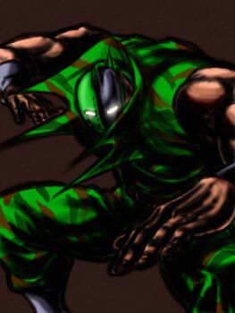 Rule 34 | 1boy, artist request, bare shoulders, black background, fighting stance, glowing, glowing eyes, helmet, kinniku ataru, kinnikuman, kinnikuman soldier, large pectorals, looking at viewer, manly, military, military uniform, muscular, pectorals, shaded face, simple background, solo, standing, wrestling, wrestling mask, wrestling outfit