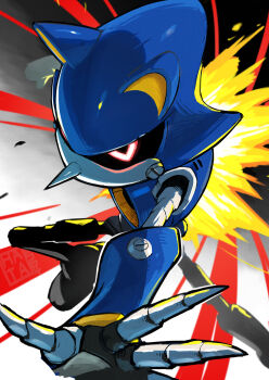 afterburner animal_ears black_sclera claws colored_sclera dynamic_pose fake_animal_ears glowing glowing_eyes hata4564 highres humanoid_robot incoming_attack metal_sonic pointy_nose red_eyes robot solo sonic_(series)