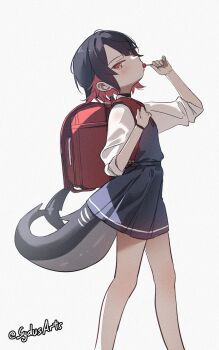 1girl aged_down backpack bag black_choker black_dress black_hair blush candy choker collared_shirt colored_inner_hair commentary dress ellen_joe fins fish_tail food from_side grey_background highres holding holding_candy holding_food holding_lollipop lollipop multicolored_hair randoseru red_bag red_eyes red_hair school_uniform shark_girl shark_tail shirt simple_background sleeves_rolled_up solo standing sydus tail white_shirt zenless_zone_zero