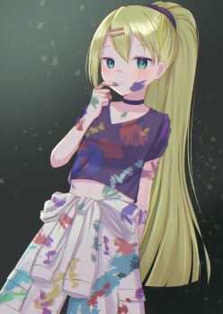 1girl alina_gray alina_gray_(atelier_clothes) black_choker black_shirt blonde_hair choker cowboy_shot finger_to_mouth green_hair hair_between_eyes hair_ornament hairclip hand_up high_ponytail highres long_hair looking_at_viewer magia_record:_mahou_shoujo_madoka_magica_gaiden mahou_shoujo_madoka_magica midriff official_alternate_costume paint_on_body paint_on_clothes paint_on_hands paint_splatter paint_splatter_on_face pants ponytail shirousa_(blanche_lapine3) shirt short_sleeves sidelocks solo standing white_pants