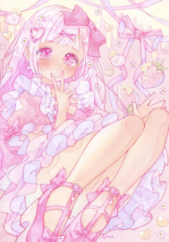 Rule 34 | 1girl, amu (m aa), artist name, block heels, blunt bangs, blush, bow, chocolate, covering own mouth, dot nose, dress, flower, food in mouth, footwear bow, frills, hair flower, hair ornament, heart, heart hair ornament, highres, long hair, original, painting (medium), pink hair, puffy short sleeves, puffy sleeves, purple bow, purple dress, purple eyes, short sleeves, sidelocks, signature, solo, thighs, traditional media, valentine, watercolor (medium), white chocolate, white strawberry