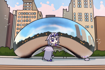 1girl 1other bing_huyue building chest_jewel chibi chicago cloud_gate commentary english_commentary gem gem_hair_ornament hair_flaps highres hololive hololive_english koseki_bijou koseki_bijou_(1st_costume) pebble_(koseki_bijou) purple_eyes purple_gemstone purple_hair purple_shoes real_world_location sculpture shoes simple_bird structure virtual_youtuber