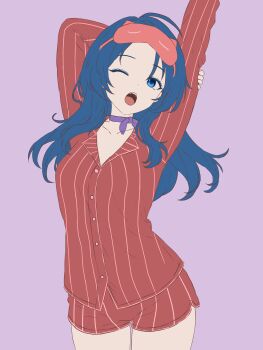 1girl absurdres arm_behind_head arm_up blue_eyes blue_hair breasts collarbone highres long_hair long_sleeves looking_at_viewer mask mask_on_head medium_breasts miside mita_(miside) one_eye_closed open_mouth pajamas qetu33 red_pajamas red_shorts shirt shorts simple_background sleep_mask sleepy_mita_(miside) solo striped_clothes striped_pajamas striped_shirt striped_shorts vertical-striped_clothes vertical-striped_pajamas vertical-striped_shirt vertical-striped_shorts