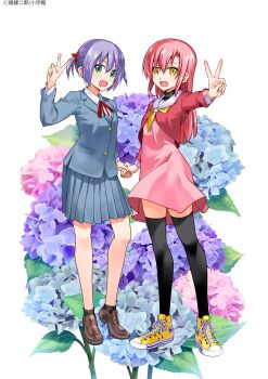 2girls absurdres dress flower full_body green_eyes hakuo_school_uniform hata_kenjirou hayate_no_gotoku! highres holding_hands katsura_hinagiku legs long_hair multiple_girls nishizawa_ayumu official_art pink_hair purple_hair school_uniform shirt shoes short_hair short_twintails skirt smile socks standing thighhighs thighs twintails v wind wind_lift yellow_eyes zettai_ryouiki
