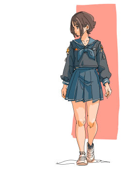 1girl blue_shirt blue_skirt blush brown_hair full_body furusf hair_ornament hairclip highres long_sleeves original pleated_skirt sailor_collar school_uniform serafuku shirt shoes short_hair skirt sneakers socks solo standing