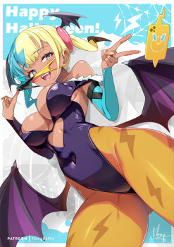 1girl alternate_color aqua_background aqua_hair black_hair black_mask black_wings blonde_hair breasts canari_(pokemon) cleavage cosplay darkstalkers demon_wings gen_4_pokemon halloween highres hong_(white_spider) large_breasts mask morrigan_aensland morrigan_aensland_(cosplay) mouth_mask multicolored_hair nintendo open_mouth orange_pantyhose pantyhose pokemon pokemon_legends:_z-a revision rotom rotom_phone smile solo two-tone_mask wings yellow_mask