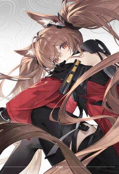 1girl angelina_(arknights) animal_ear_fluff animal_ears arknights arknights:_endfield black_gloves black_thighhighs brown_hair chinese_commentary commentary_request crossed_bangs fox_ears fox_girl gilberta_(arknights) gloves hand_on_own_arm highres light_blush long_hair looking_at_viewer red_eyes solo thighhighs twintails very_long_hair yumero