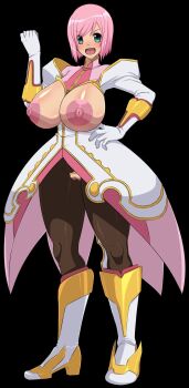 1girl alternate_breast_size_(larger) bottomless breast_cutout breasts breasts_out censored clothing_cutout cutout estellise_sidos_heurassein flashing green_eyes happy highres huge_breasts large_areolae looking_at_viewer mature_female mosaic_censoring nipples no_panties pink.s pink_hair presenting presenting_breasts presenting_pussy princess pussy pussy_cutout revealing_clothes short_hair smile solo tales_of_(series) tales_of_vesperia thick_thighs thighs topless_female wide_hips