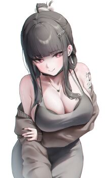 1girl absurdres airpods arm_tattoo arm_under_breasts barcode barcode_tattoo black_bra black_hair black_nails bra bra_peek breast_tattoo breasts cleavage closed_mouth collarbone d_(killer_wife)_(nikke) d_(nikke) dress goddess_of_victory:_nikke grey_dress hair_ornament hairclip heart heart_necklace highres hundred0327 jewelry large_breasts looking_at_viewer mask mask_pull mouth_mask necklace red_eyes revision simple_background smile solo tattoo underwear white_background wireless_earphones
