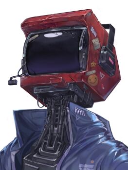 1other arcade bandaid blue_jacket cracked_screen glowing glowing_eye headphones highres jacket nameno92372763 original other_focus robot screen simple_background smiley_face star_(symbol) star_sticker sticker upper_body white_background