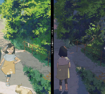 2girls black_hair black_leggings blonde_hair blue_bow bow child commentary dappled_sunlight day dress ekomoto facing_away facing_viewer fence film_grain floating_hair foliage footwear_request full_body hair_bow highres leggings multiple_girls multiple_views open_mouth original out_of_frame outdoors path playing ponytail road running shoes short_dress short_hair short_ponytail short_sleeves smile summer sunlight translated tree twilight two-tone_dress white_dress yellow_dress