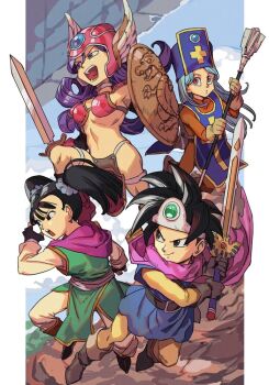 Rule 34 | 1boy, 3girls, :o, armor, artist request, belt, bikini, black eyes, black hair, blue hair, boots, breasts, cape, dirt, dragon quest, dy, fingerless gloves, floating, gloves, hat, head wings, helmet, large breasts, long hair, martial artist (dq3), multiple girls, open mouth, orange hair, priest (dq3), priestess, purple hair, rock, roto (dq3), shield, smile, spiked hair, staff, swimsuit, sword, twintails, warrior (dq3), weapon, wings