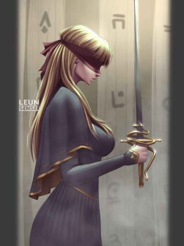 Rule 34 | 1girl, absurdres, blindfold, blonde hair, blue capelet, blue dress, capelet, cassie (shadow slave), commentary, covered eyes, cowboy shot, dress, english commentary, from side, gold trim, hair over shoulder, highres, holding, holding polearm, holding weapon, lance, leunsensei, long hair, parted lips, polearm, runes, shadow slave, solo, weapon