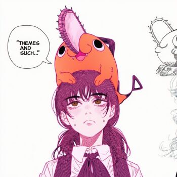 1girl blush chainsaw chainsaw_man collared_shirt commentary dog dress english_commentary fourth_east_high_school_uniform lapis_slopzuli long_sleeves low_twintails mitaka_asa nose_blush pet pochita_(chainsaw_man) school_uniform shirt sleeveless sleeveless_dress speech_bubble sweatdrop thick_eyebrows twintails white_background