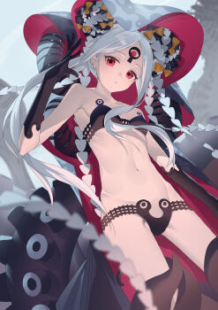 1girl abigail_williams_(fate) abigail_williams_(swimsuit_foreigner)_(fate) abigail_williams_(swimsuit_foreigner)_(first_ascension)_(fate) absurdres bare_shoulders bikini black_bikini black_gloves bow breasts collarbone dot_nose double_bun elbow_gloves expressionless fate/grand_order fate_(series) forehead from_below gloves groin hair_bow hair_bun highres hip_bones keyhole long_hair long_sidelocks looking_at_viewer lowleg lowleg_bikini miyu10366 multiple_hair_bows navel official_alternate_costume orange_bow parted_bangs parted_lips red_eyes revealing_clothes sidelocks skinny small_breasts solo strapless strapless_bikini suction_cups swimsuit tentacles third_eye very_long_sidelocks white_hair