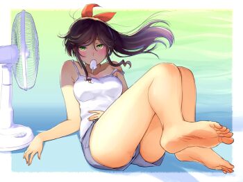 1girl bare_legs barefoot black_hair blush border breasts camisole commentary_request electric_fan food food_in_mouth full_body green_background green_eyes grey_shorts hand_on_own_stomach hattori_mitsuru hot kinme_wakana kirei_ni_shitemoraemasuka long_hair looking_at_viewer lying medium_breasts on_back outside_border popsicle popsicle_in_mouth short_shorts shorts sidelocks soles solo strap_slip white_border white_camisole