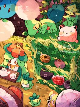 artist_name black_eyes blue_skin brick_wall chair closed_mouth colored_sclera colored_skin commentary_request crown cup evolutionary_line gen_2_pokemon gen_3_pokemon gen_5_pokemon green_hair hanabusaoekaki highres hoppip jumpluff lilligant nintendo no_humans open_mouth petilil pink_skin pokemon pokemon_(creature) red_eyes smile sparkle table tail tarountula teacup teapot treecko white_skin yellow_sclera