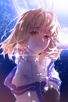 1girl absurdres ahoge arcueid_brunestud arcueid_brunestud_(mooncancer) bare_shoulders blonde_hair blue_ribbon breasts choker commentary detached_sleeves dress english_commentary fate/grand_order fate_(series) floating_hair gloves gold_trim hair_intakes hand_on_own_chest highres kagaho.qs light_smile moon profile red_eyes red_hair ribbon short_hair smile solo sparkle wavy_hair white_dress