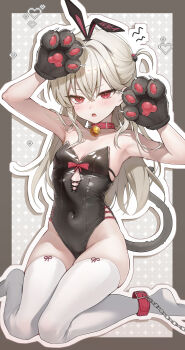 Rule 34 | 1girl, absurdres, animal ears, animal hands, bell, black leotard, breasts, collar, commentary, covered navel, danha, fake animal ears, gloves, highres, leotard, long hair, mole, mole on breast, original, paw gloves, red eyes, small breasts, solo, strapless, tail, thighhighs, white thighhighs