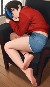 1girl :t ankle_strap bare_legs barefoot black_hair black_nails blue_streaks brown_eyes chair commentary cutoffs denim denim_shorts ear_piercing earrings english_commentary feet foot_focus hair_between_eyes hand_on_own_cheek hand_on_own_face head_rest highres indoors jacket jewelry legs looking_at_viewer multicolored_hair nail_polish nihu on_chair original piercing red_jacket shiragi_(nihu) short_hair short_shorts shorts single_hair_streak sitting soles solo streaked_hair thighs toenail_polish toenails toes window wooden_floor