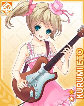 1girl :d bare_shoulders bow brown_hair card_(medium) character_name dress eto_kurumi frilled_dress frills girlfriend_(kari) green_eyes guitar hair_bow hair_ornament hat holding holding_plectrum instrument looking_at_viewer official_art open_mouth pink_dress pink_hat plectrum qp:flapper side_ponytail skirt smile solo yellow_background