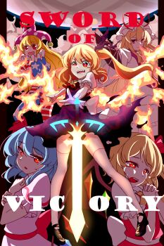 5girls absurdres american_flag american_flag_print ascot asymmetrical_legwear asymmetrical_sleeves back_bow black_background black_footwear blonde_hair blue_dress blue_hair blue_pantyhose bow bright_pupils chinese_commentary clenched_hand clone clownpiece commentary_request crazy crazy_eyes crazy_smile crying crying_with_eyes_open crystal_wings dress english_text fiery_wings flag_print flandre_scarlet floating_clothes floating_hair folding_fan frilled_headwear frilled_sleeves frills hair_ribbon hand_fan hand_on_own_chest hat hat_ribbon hentai-faith high_heels highres holding holding_fan holding_own_wrist interlocked_fingers jester_cap knees long_dress long_hair long_sleeves looking_at_viewer medium_hair miniskirt mismatched_legwear mismatched_sleeves mob_cap multicolored_dress multiple_girls neck_ruff no_headwear open_mouth outstretched_arm own_hands_clasped own_hands_together pantyhose pink_shirt pink_skirt polka_dot_headwear pom_pom_hat_ornament poster_(medium) puffy_short_sleeves puffy_sleeves purple_hat purple_ribbon purple_skirt purple_tabard purple_vest red_bow red_dress red_eyes red_pantyhose red_ribbon red_skirt red_vest remilia_scarlet ribbon sharp_teeth shirt short_sleeves siblings side_ponytail sisters skirt skirt_set smile star_(symbol) star_print striped_clothes striped_dress striped_pantyhose sword tabard teardrop tears teeth thighhighs torn_clothes torn_ribbon torn_skirt touhou two-tone_pantyhose vest weapon white_bow white_dress white_hat white_pantyhose white_pupils white_shirt white_thighhighs wings yakumo_yukari yellow_ascot