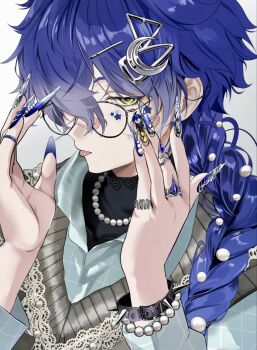 1boy adjusting_eyewear alternate_costume bandaid bandaid_on_face blue_eyes blue_nails braid collared_shirt commentary empty_eyes fingernails flins_(genshin_impact) genshin_impact girly_boy glasses gradient_hair hair_ornament hair_over_one_eye highres jewelry layered_clothes long_fingernails long_hair looking_at_viewer male_focus multicolored_hair multiple_rings nail_art nail_polish necklace pearl_necklace ring sahi00000 shirt silver_trim solo spiked_wristband star_(symbol) star_sticker sticker sticker_on_face tongue tongue_out turtleneck white_background yellow_eyes