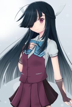 1girl absurdres adapted_costume arm_at_side black_hair blue_bow blue_bowtie bow bowtie brown_eyes closed_mouth commentary_request fingerless_gloves gloves gradient_background green_background hair_over_one_eye hair_ribbon half_updo hand_on_own_chest hayashimo_(kancolle) hayashimo_kai_ni_(kancolle) highres kantai_collection light_blush long_hair looking_at_viewer miniskirt natsumoto_itsuki official_alternate_costume pleated_skirt red_eyes red_skirt red_vest ribbon school_uniform shirt short_sleeves skirt sleeveless smile solo summer_uniform very_long_hair vest white_ribbon white_shirt