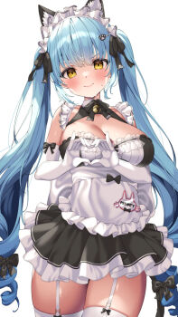 Rule 34 | 1girl, @shun, animal ears, apron, aqua hair, blue hair, blush, breasts, cat ears, cleavage, dress, elbow gloves, embarrassed, furrowed brow, gloves, goddess of victory: nikke, hair ornament, heart, heart hands, highres, large breasts, long hair, looking at viewer, maid, maid headdress, nervous sweating, official alternate costume, privaty (nikke), privaty (unkind maid) (nikke), solo, sweat, thighhighs, twintails, very long hair, white gloves, yellow eyes
